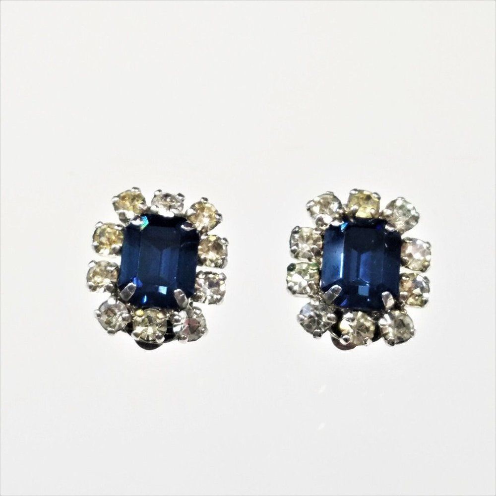 Christian Dior Clip On Earrings Vintage 60s Germany Blue Tanzanite w Crystals - - Picture 3 of 11